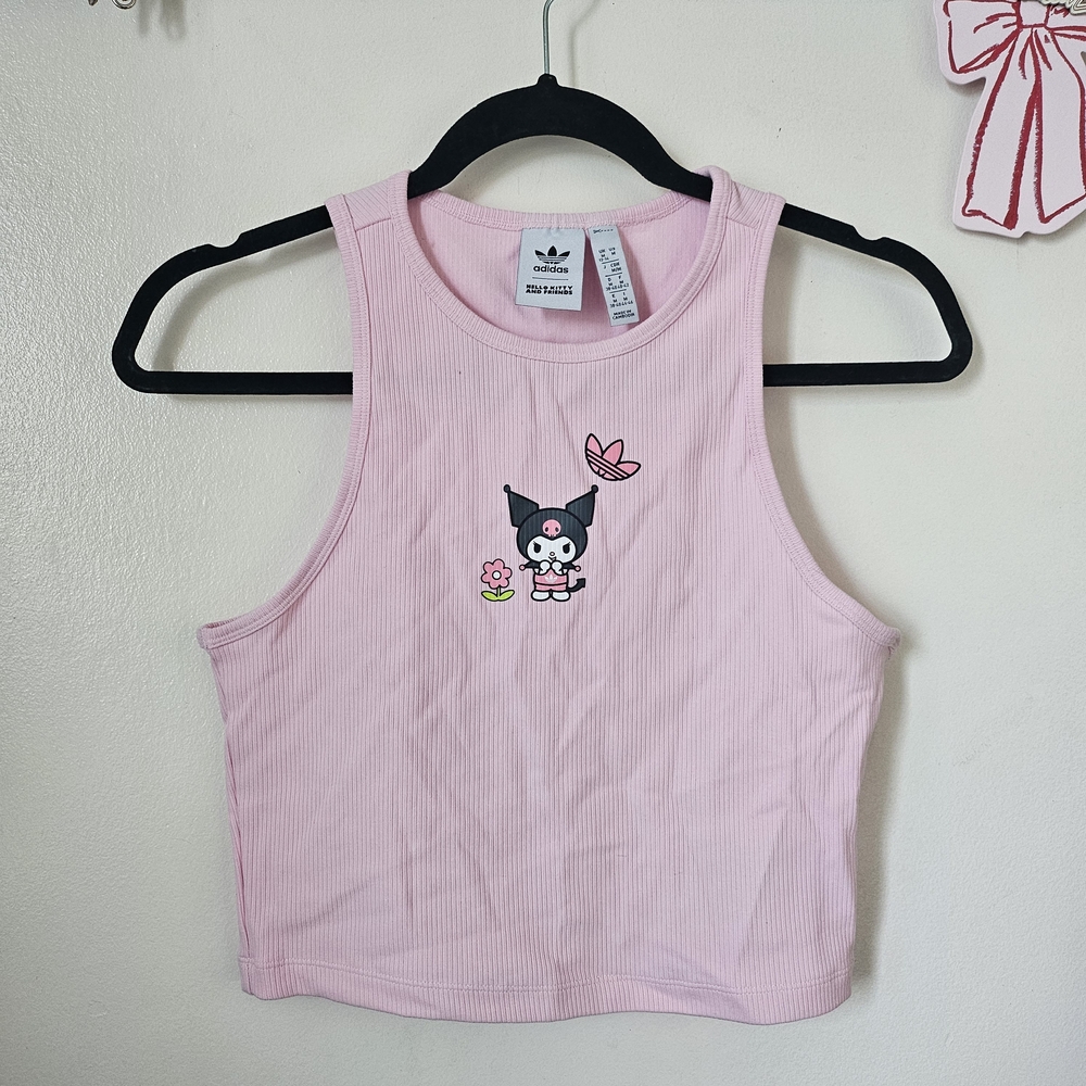 Adidas X Sanrio Pink Ribbed Tank Top Crop with Kuromi Graphic